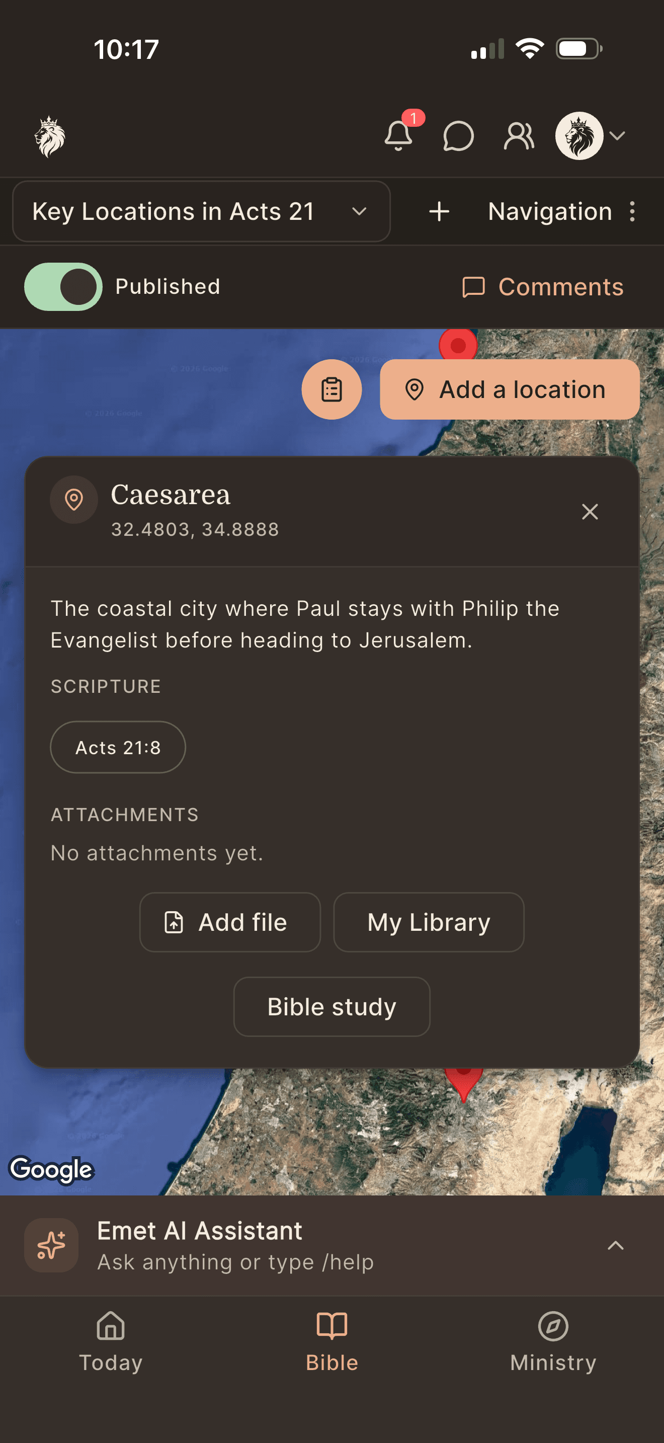 Emet mobile app showing a biblical map focused on Caesarea, with an Acts 21:8 reference and Bible study action